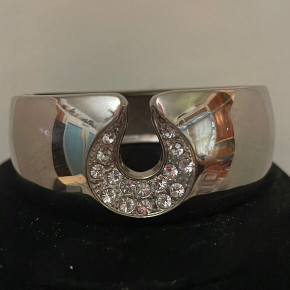 2.75” x 1” polished silver tone angled cuff bracelet-marked, but can’t make out - Picture 1 of 11